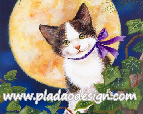 กระดาษสาพิมพ์ลาย สำหรับทำงาน เดคูพาจ Decoupage แนวภาำพ แมวน้อยผูกโบว์ม่วงยืนหน้าพระจันทร์ดวงใหญ่มากกกก