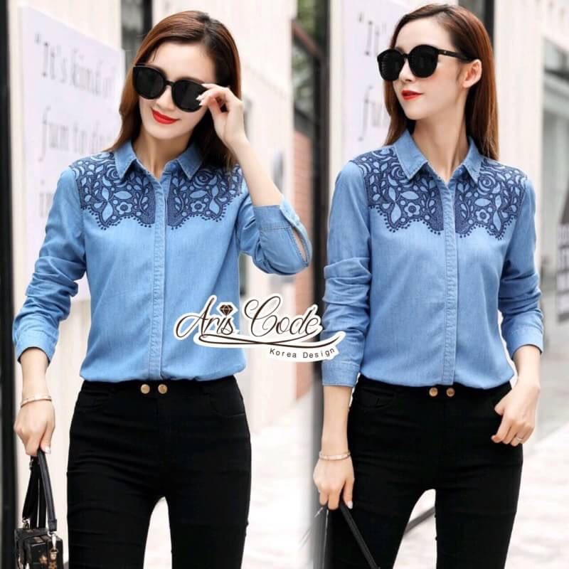 เสื้อเกาหลี พร้อมส่ง เสื้อเชิ้ตยีนส์ ผ้านิ่ม