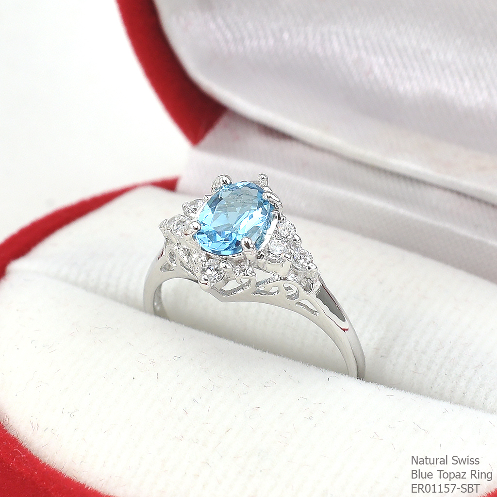 SKJewelryfactory แหวนเงินแท้ 92.5% ฝังพลอยสวิสบลูโทปาซแท้ สไตล์น่ารัก หรูหรา ER01157-SBT