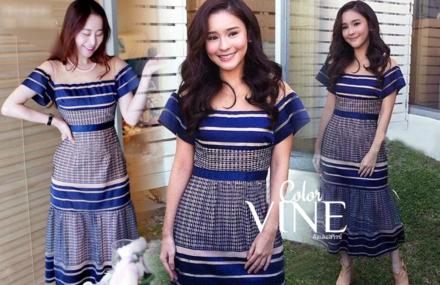 ชุดเดรสเกาหลี พร้อมส่ง Maxi Dress ผ้าทอลายสวย