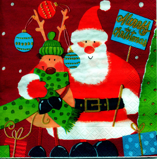แนวภาพ Christmas ซานต้า กับ สโนวแมน บนพื้นแดง กระดาษแนพกิ้นสำหรับทำงาน เดคูพาจ Decoupage Paper Napkins เป็นภาพครึ่งแผ่น ขนาด 33X33cm