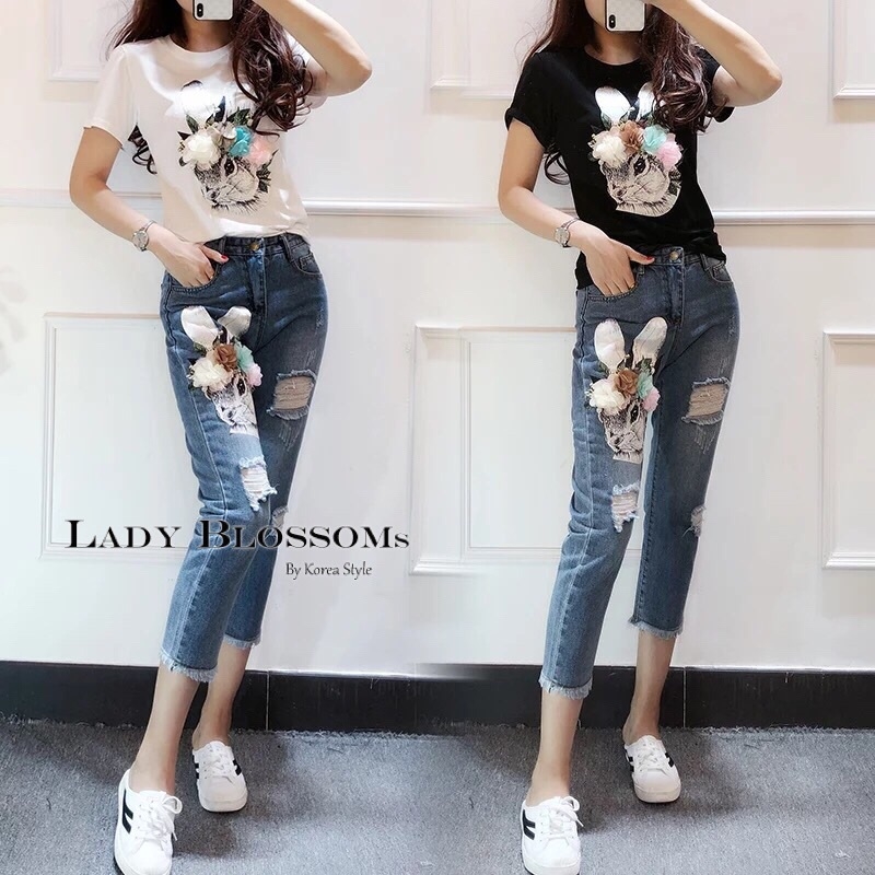 เสื้อผ้าเกาหลี พร้อมส่ง เซตเสื้อยืด+กางเกงยีนส์