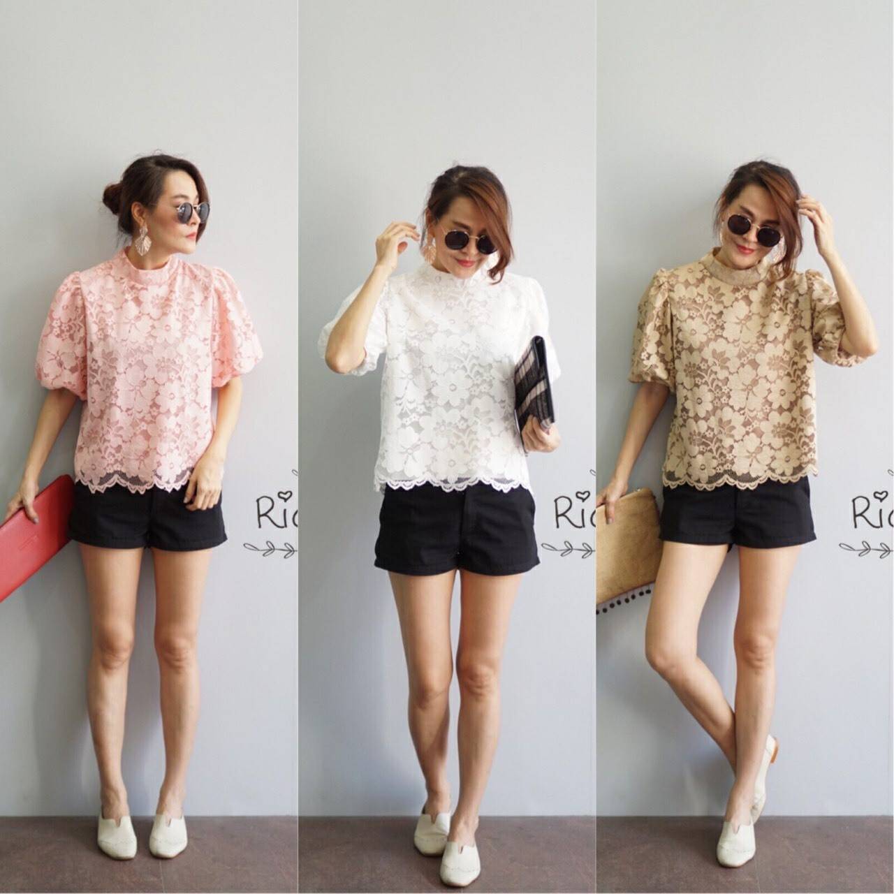 เสื้อลูกไม้ พร้อมส่ง เสื้อลูกไม้ ทรงคอปีนแต่งซิปหลัง