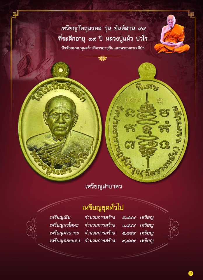 เหรียญวัตถุมงคล รุ่น ยันต์สวน๙๙ เนื้อทองฝาบาตร