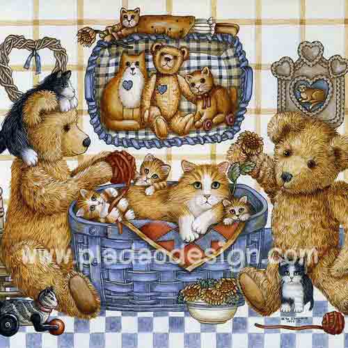 กระดาษสาพิมพ์ลาย สำหรับทำงาน เดคูพาจ Decoupage งานฝีมือ งาน Handmade แนวภาพ หมี เท็ดดี้ Teddy bear กับตะกร้าแมว