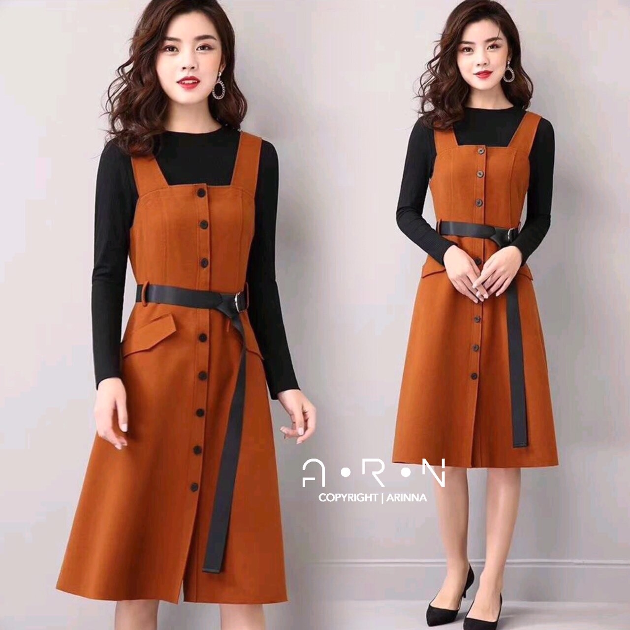 เสื้อผ้าพร้อมส่ง เสื้อกับเอี้ยมกระโปรงสีน้ำตาลอิฐ