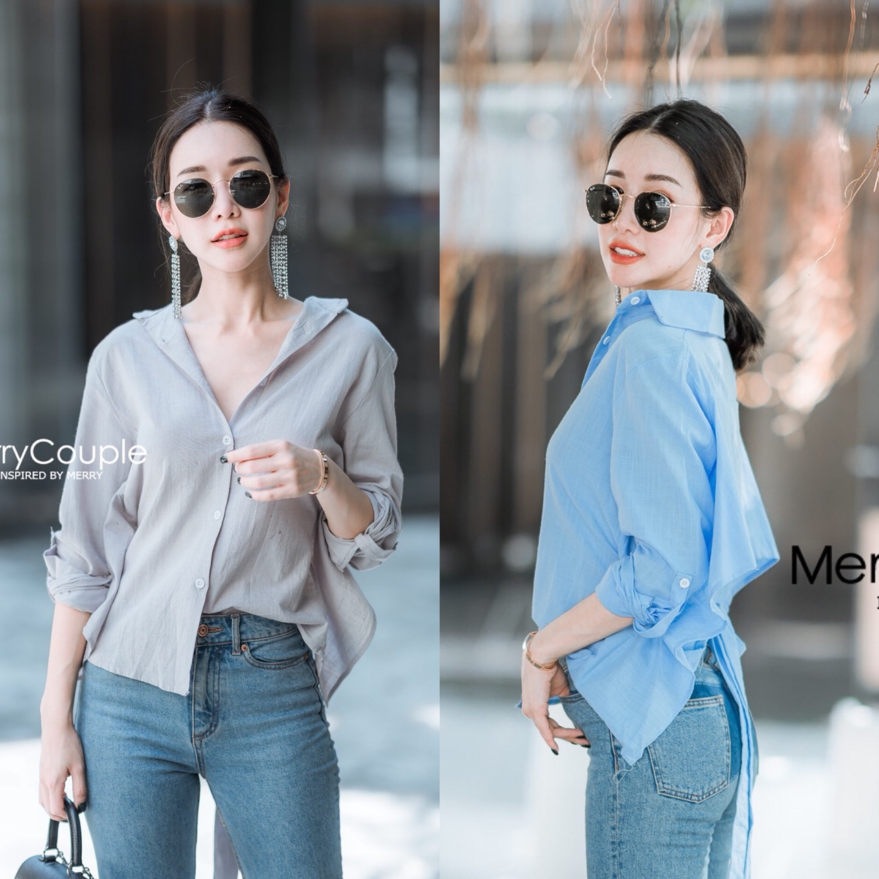 เสื้อเกาหลี พร้อมส่ง เสื้อเชิ้ต หน้ายาว-หลังสั้น