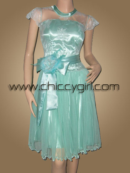 ชุดไปงานแต่งงานแนววนิดาสีเขียวมินต์ แขนสั้น คอจีนตั้งเก๋มาก กระโปรงแต่งชายย้วยด้วยแถบริบบิ้น แบบน่ารักหรูมาก