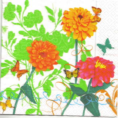 แนวภาพดอกไม้ ดอกบานชื่น ส้มแดง กับผีเสื้อ Zinnia เป็นภาพครึ่งแผ่น กระดาษแนพกิ้นสำหรับทำงาน เดคูพาจ Decoupage Paper Napkins ขนาด 33X33cm