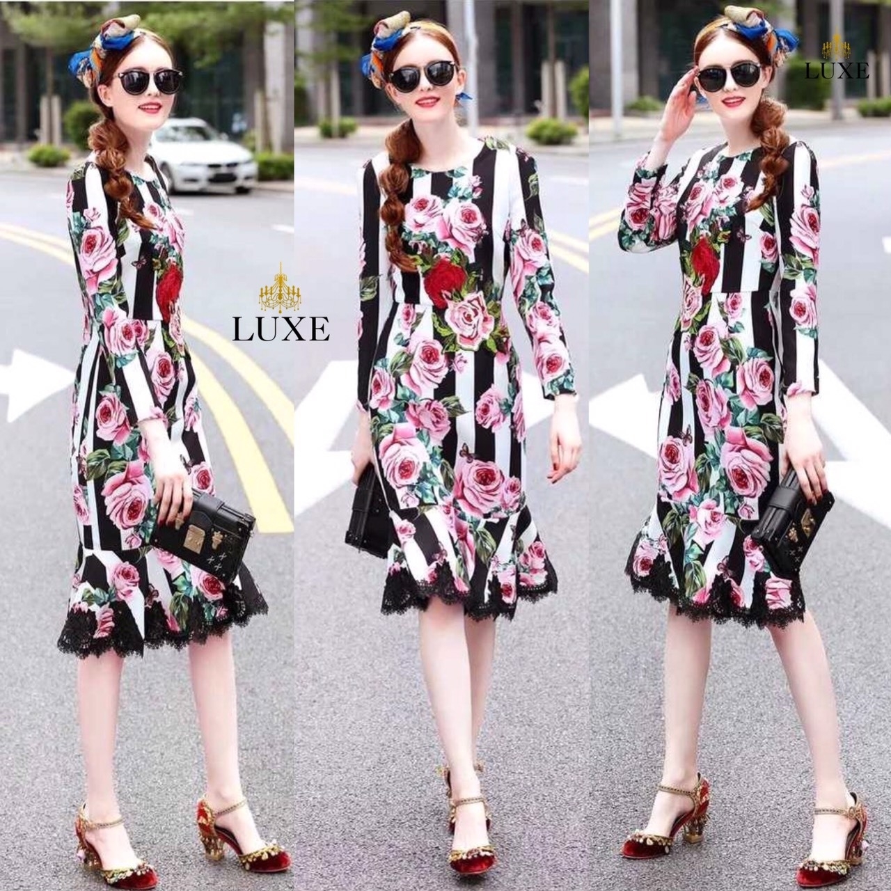 พร้อมส่ง เดรสคอกลมกระโปรงทรงทิวลิป