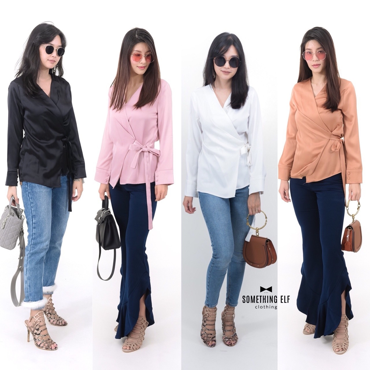 เสื้อเกาหลี พร้อมส่ง เสื้อไขว้หน้า จับเดรปผูกข้าง