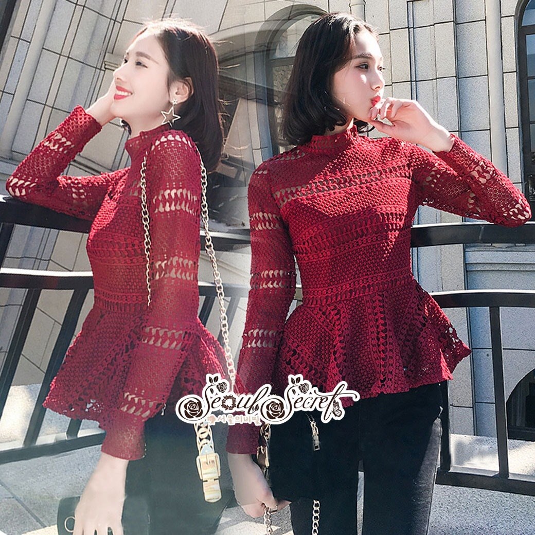เสื้อเกาหลี พร้อมส่ง เสื้อ ทรงคอตั้ง เนื้อผ้าทอลายลูกไม้
