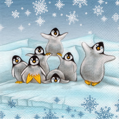 แนวภาพการ์ตูน นกเพนกวิน เล่นหิมะ Penguin Village เป็นภาพครึ่งแผ่น กระดาษแนพกิ้นสำหรับทำงาน เดคูพาจ Decoupage Paper Napkins ขนาด 33X33cm
