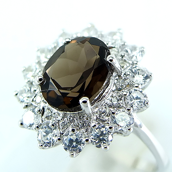 SKJewelryfactory แหวนเงินแท้ 92.5% ฝังพลอยสโมกกี้ควอทซ์แท้ สุดอลังค์ ER02202-SMQ