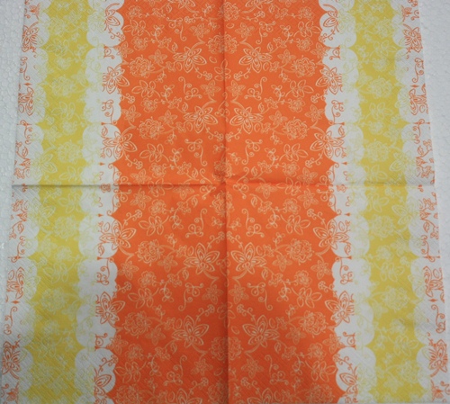 แนวภาพลายแต่ง ลายเส้นดอกไม้ บนพื้นสีส้ม ตัดขอบด้วยสีขาวสีเหลือง ภาพโทนสีส้มเหลือง เป็นภาพแนวตั้ง กระดาษแนพกิ้นสำหรับทำงาน เดคูพาจ Decoupage Paper Napkins ขนาด 33X33cm