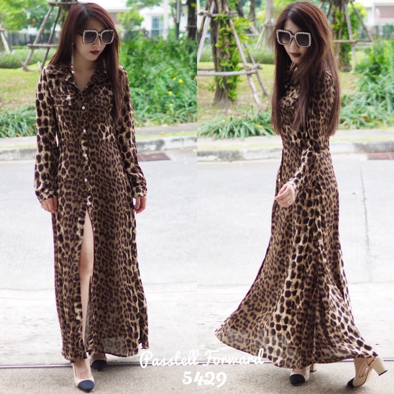 เดรสเกาหลี พร้อมส่ง เดรสยาว ลายเสื้อ ลายงู