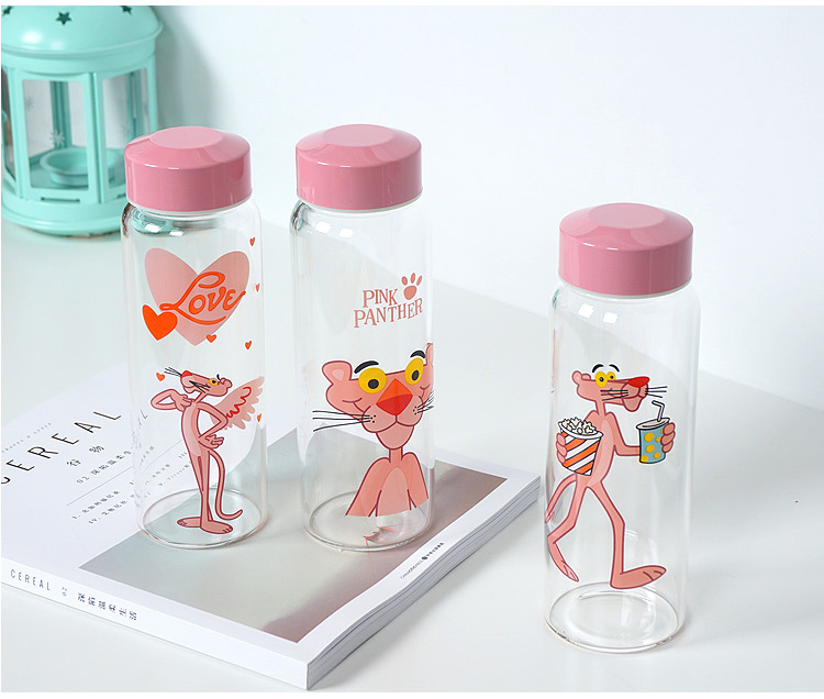 ขวดน้ำ ขวดนม Pink Panther พกพา แก้ว borosilicate ฝาปิดสนิท ขนาด 480 ml.