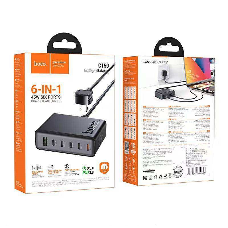 Hoco C150 Intelligent Balance 6in1 45W Six Ports Charger with Cable ที่ชาร์จแบบ 6 พอร์ต
