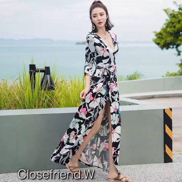 เดรสเกาหลี พร้อมส่ง เดรสยาว งานพิมพ์ลายดอก