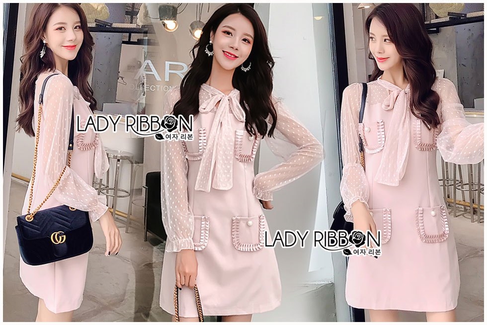 ชุดเดรสเกาหลี พร้อมส่ง เดรสสั้น ผ้าเครปสีชมพูอ่อน