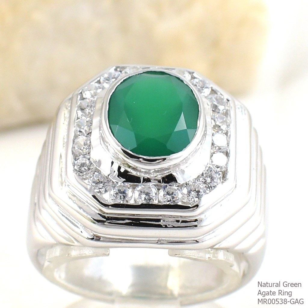 SKJewelryFactory แหวนชายล้อมเพชร พลอยกรีนอะเกทแท้ MR00538-GAG
