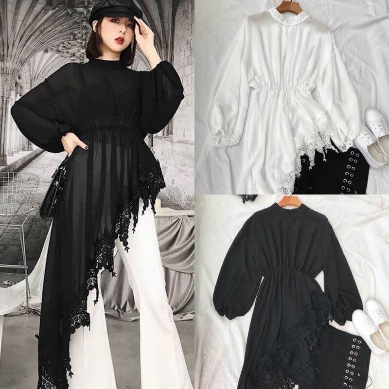 เสื้อเกาหลี พร้อมส่ง เสื้อ ชายสั้นข้างยาวข้าง
