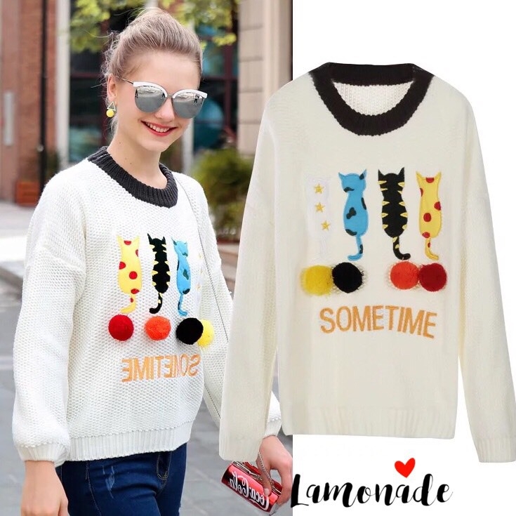 เสื้อเกาหลี พร้อมส่ง เสื้อคอกลม ปักน้องแมวเหมียว