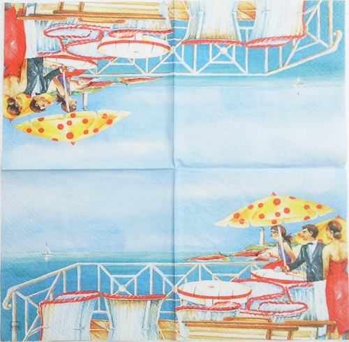 แนวภาพทะเล ทานอาหารริมทะเล Seaside Resturant เป็นภาพแนวยาว กระดาษแนพกิ้นสำหรับทำงาน เดคูพาจ Decoupage Paper Napkins ขนาด 33X33cm