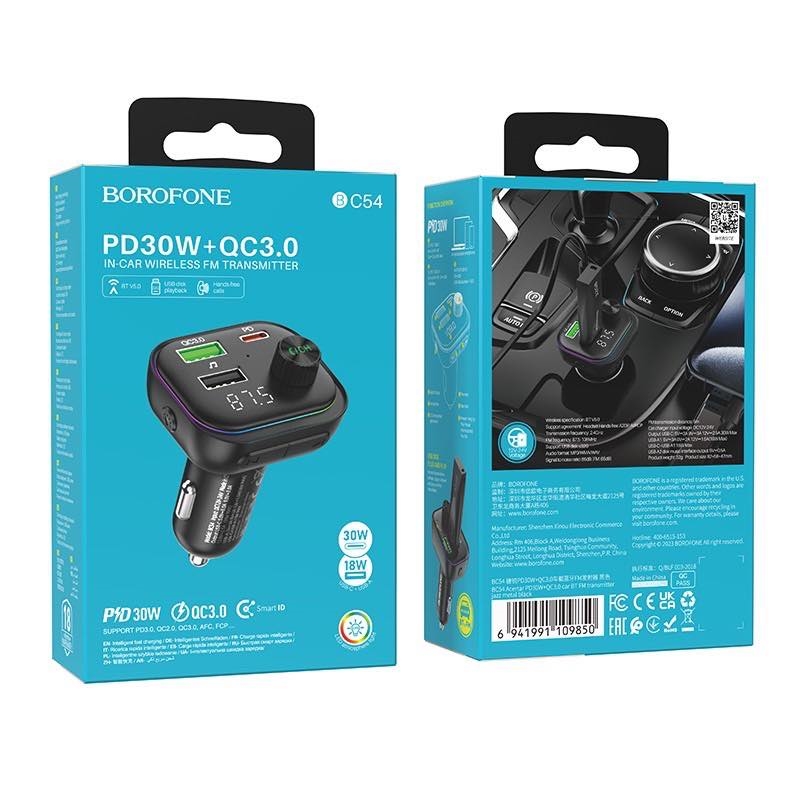 BOROFONE BC54 Acertar PD30W+QC3.0 Car BT FM Transmitter ที่ชาร์จในรถพร้อมบลูทูธในตัว