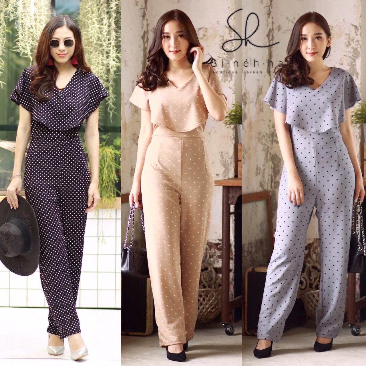 เสื้อผ้าเกาหลี พร้อมส่ง จั้มสูท ปริ้นลาย Pokadot