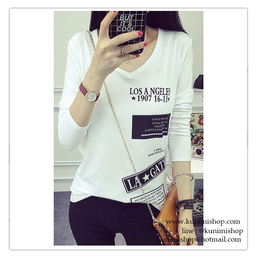 GP007 เสื้อยืด คอวีแขนยาว สีขาว พิมพ์ลายข้อความ สวยเก๋ เนื้อผ้ามีความยืดหยุ่น ขนาด Free size รอบอกไม่เกิน 38 นิ้ว
