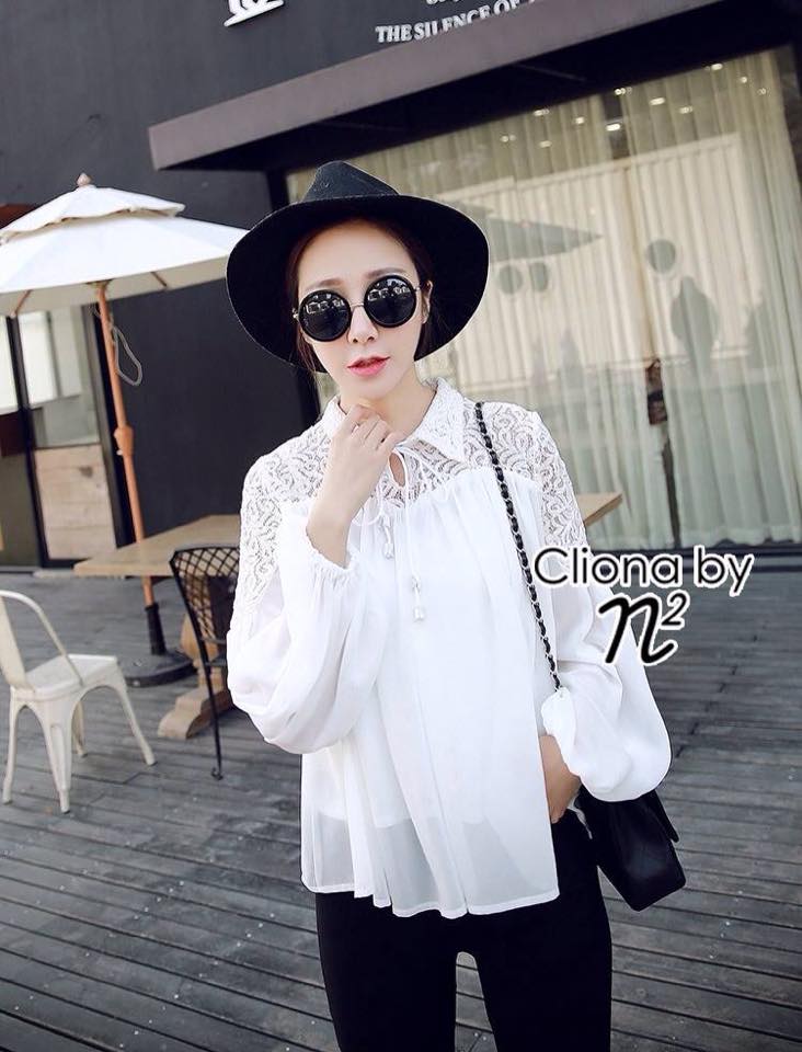 พร้อมส่ง เสื้อแขนยาวทรงคอปก เนื้อผ้าชีฟอง พริ้วสวย