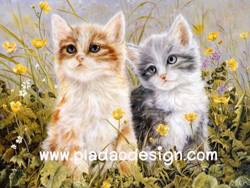 กระดาษสาพิมพ์ลาย สำหรับทำงาน เดคูพาจ Decoupage แนวภาพ แมวเพื่อนซี้ขนยาว 2 ตัว 2 สี ทำหน้าฉงนอยู่ในทุ่งหญ้า