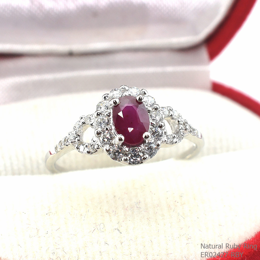 SKJewelryfactory แหวนเงินแท้ 92.5% ฝังพลอยทับทิมแท้ สไตล์หรูหรา ER02427-RBY