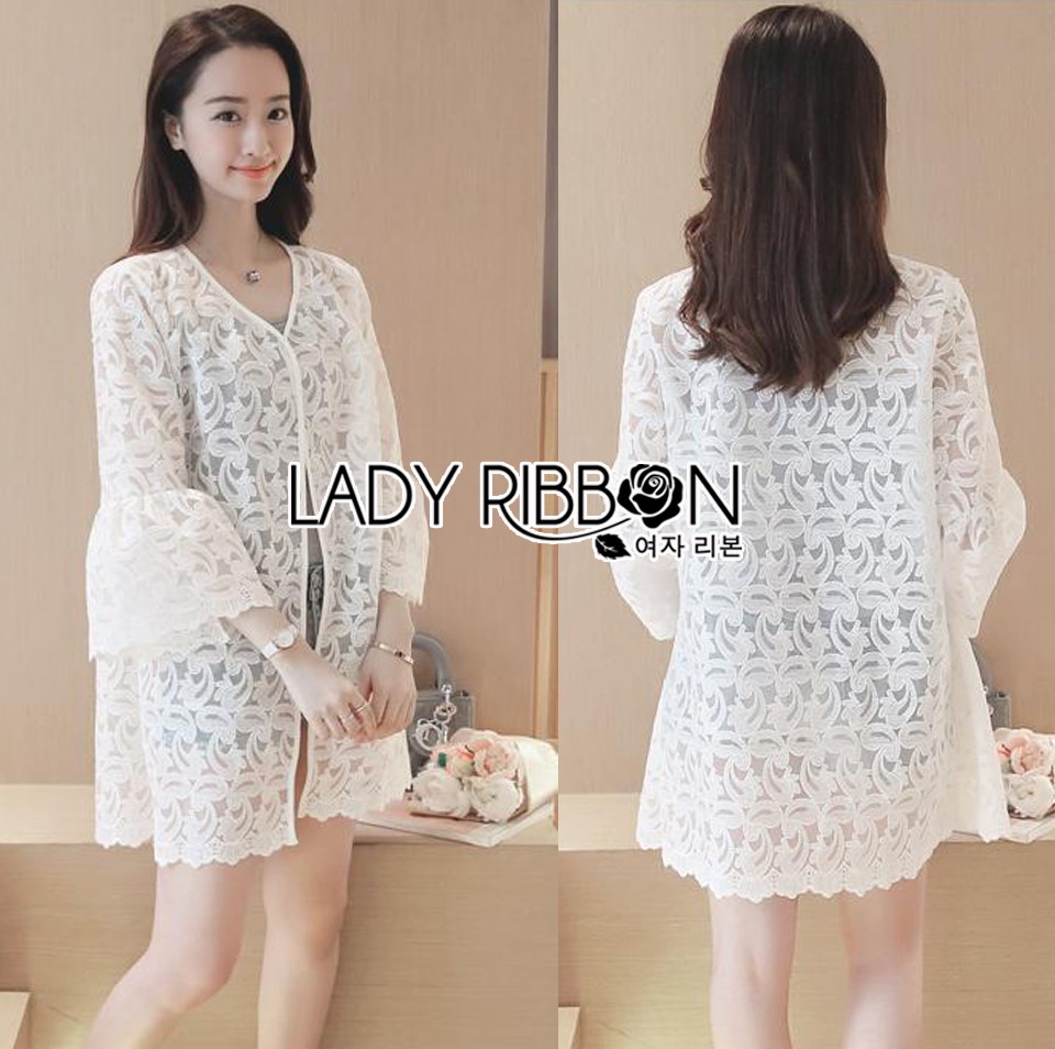 พร้อมส่ง เสื้อคลุมยาวผ้าลูกไม้แขนระบาย