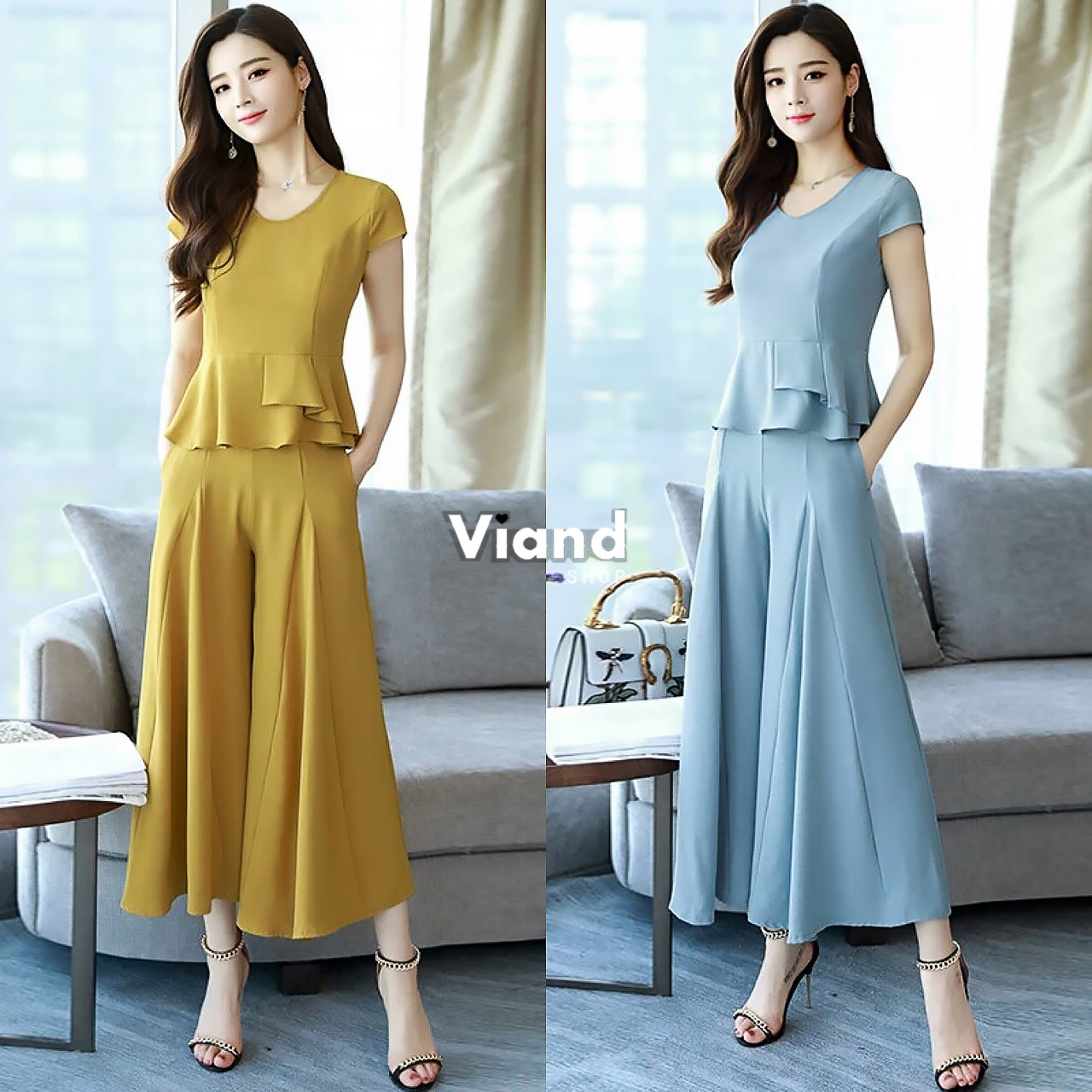 เสื้อผ้าเกาหลี พร้อมส่ง เสื้อ กับ กางเกงซิปข้างทรงขาบาน
