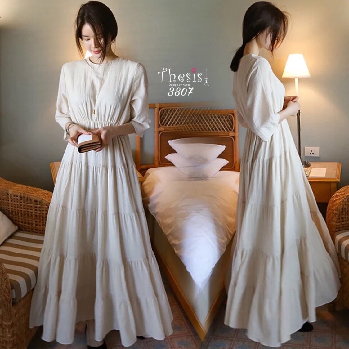 เดรสเกาหลี พร้อมส่ง เดรสยาว กระโปรงต่อลงมาเป็นชั้นๆ