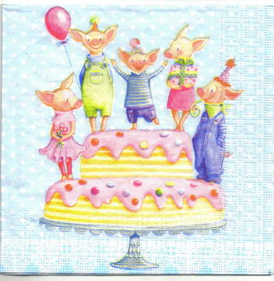แนวภาพการ์ตูน หมู Piggy Party ปาร์ตี้ เค้ก เป็นภาพบล็อค 4 กระดาษแนพกิ้นสำหรับทำงาน เดคูพาจ Decoupage Paper Napkins ขนาด 33X33cm