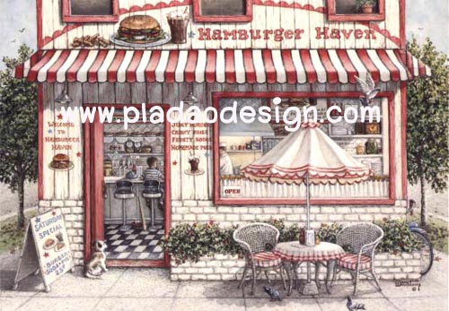 กระดาษเดคูพาจพิมพ์ลาย สำหรับทำงาน เดคูพาจ Decoupage งานฝีมือ งาน Handmade แนวภาพ ร้านขายแฮมเบอร์เกอร์ บนไซด์วอล์ค มีโต๊ะนั่งกินชมวิวหน้าร้าน สไตล์ต่างประเทศ (ปลาดาวดีไซน์)