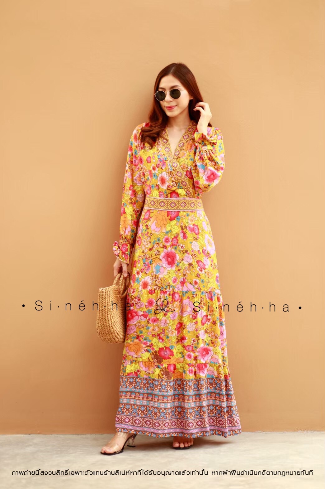 ชุดเดรสเกาหลี พร้อมส่ง Maxi dress ปริ้นลายดอก