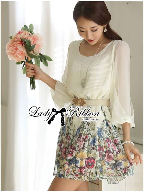 พร้อมส่ง เดรสผ้าชีฟองจับจีบพิมพ์ลายดอกไม้