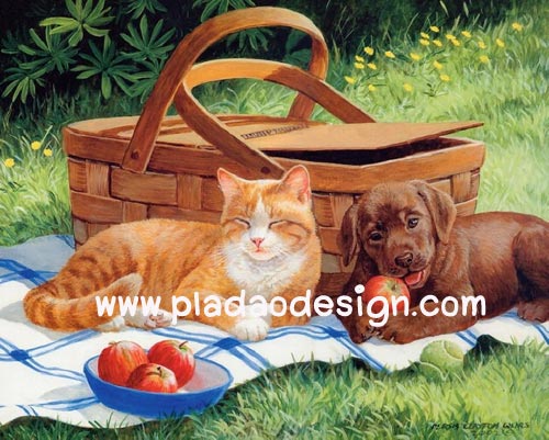 กระดาษสาพิมพ์ลาย สำหรับทำงาน เดคูพาจ Decoupage แนวภาพ 2 เพื่อนซี้ พี่เหมียว น้องหมามาปิคนิคในสวน