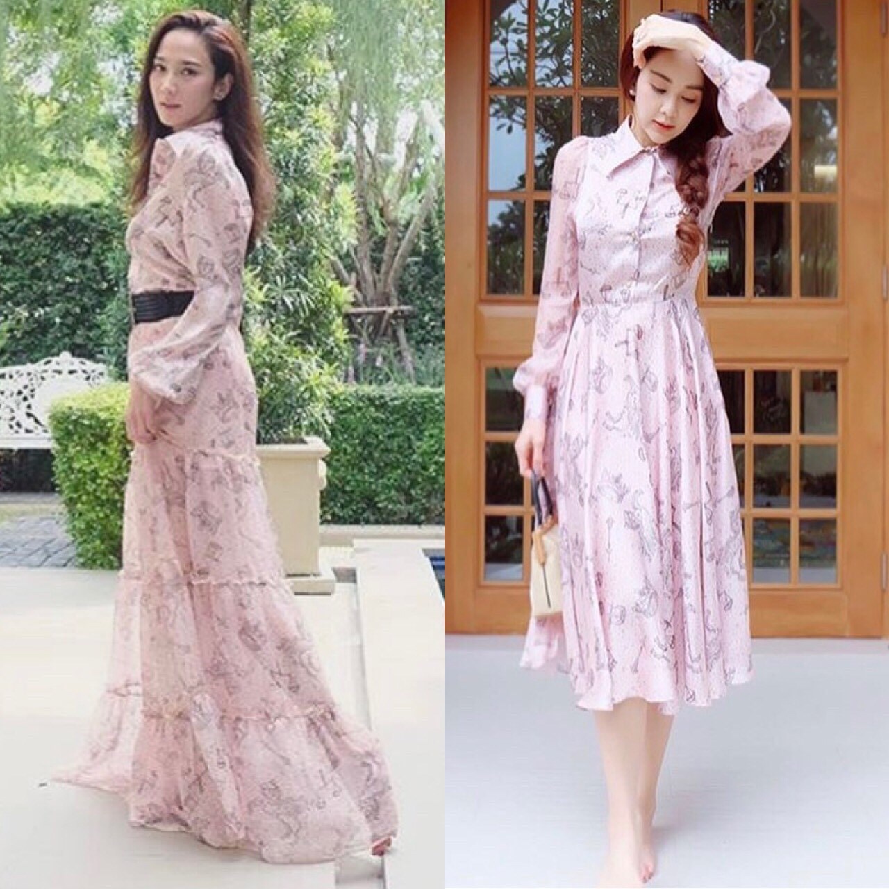 ชุดเดรสเกาหลี พร้อมส่ง เดรสยาว ผ้าพิมลายสวย พริ้ว