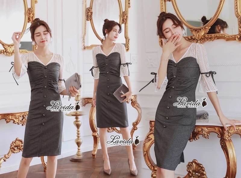 เดรสเกาหลี พร้อมส่ง เดรส ทรงสอบผ่าหลังโทนสีเทา