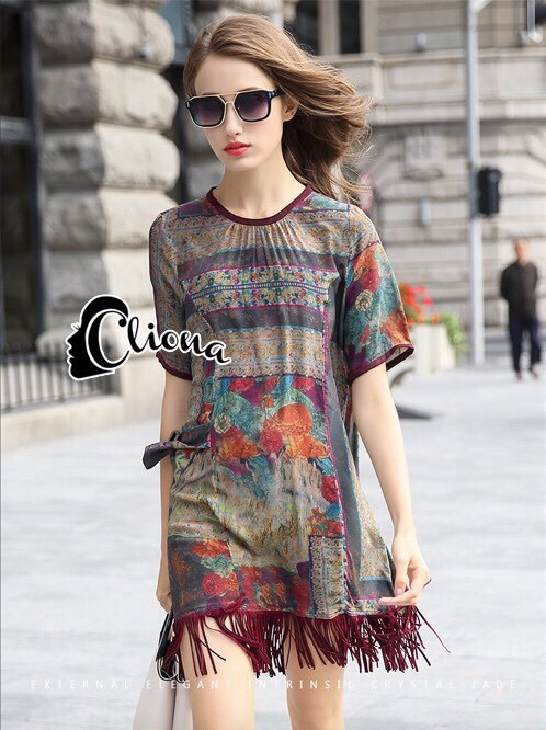พร้อมส่ง Mini Dress แขนสั้นโทนสีม่วงแต่งภู่ช่วงปลายเดรส