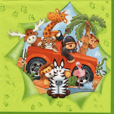 แนวภาพภาพสัตว์ การ์ตูนสวนสัตว์ Jeep Safari ลิง เสือ เป็นภาพแนวยาว กระดาษแนพกิ้นสำหรับทำงาน เดคูพาจ Decoupage Paper Napkins ขนาด 33X33cm