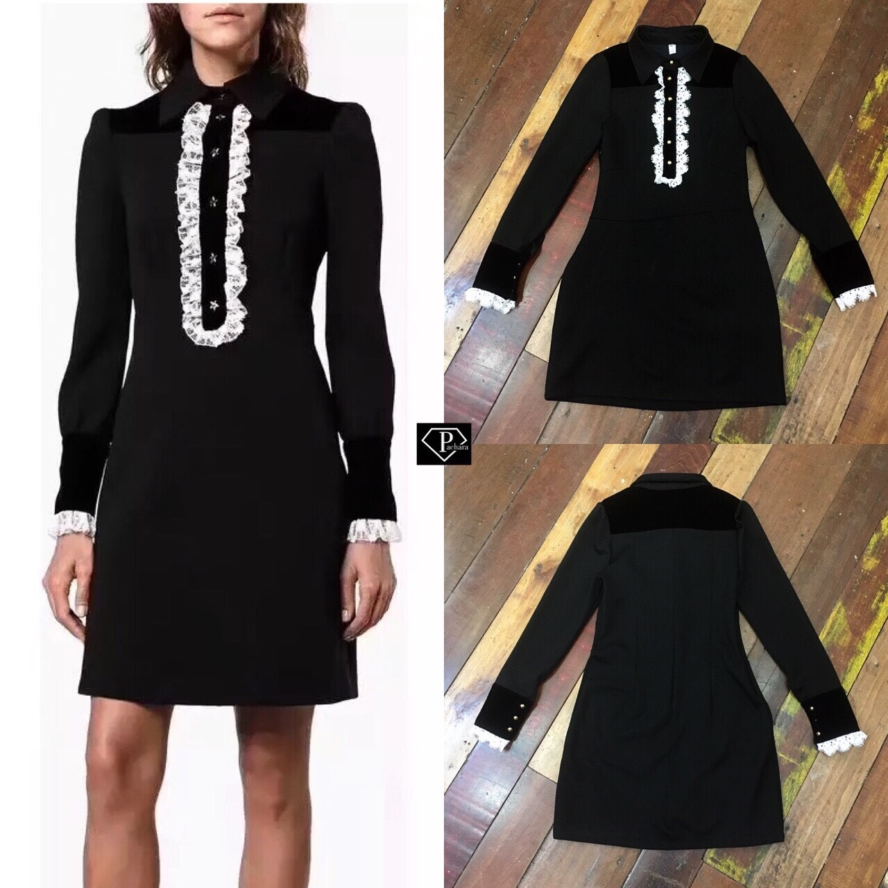เดรสแฟชั่น พร้อมส่ง Dress เดรสคอปก ลูกไม้โคเชจีบระบายอก