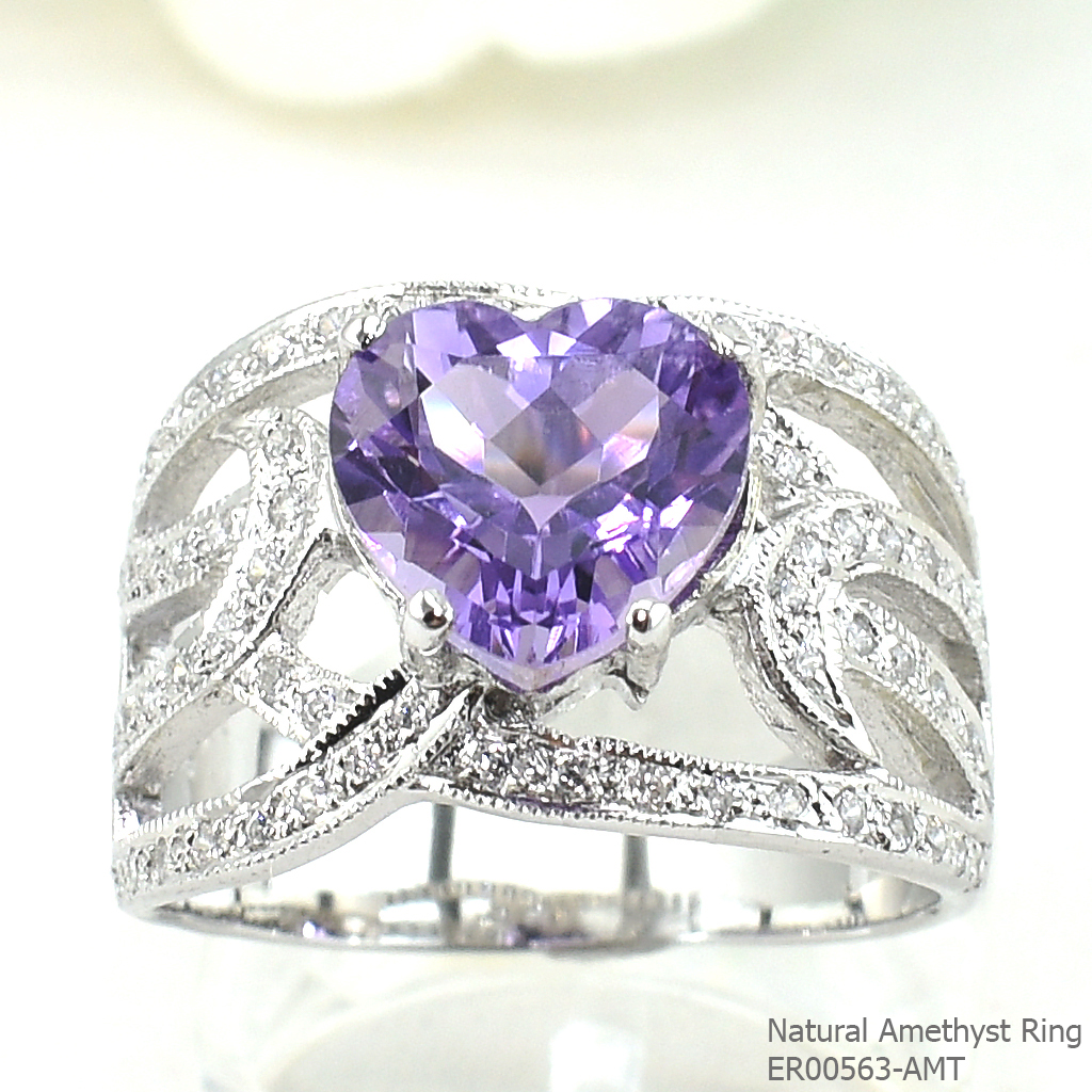 SKJewelryfactory แหวนเงินแท้ 92.5% ฝังพลอยแอมิทิสต์แท้ รูปทรงหัวใจ ER00563-AMT