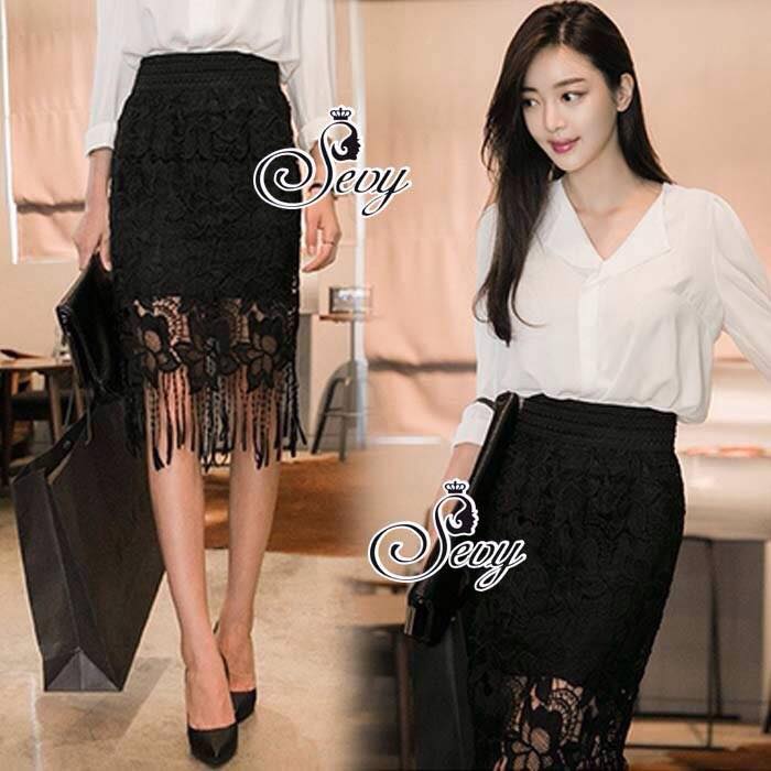 พร้อมส่ง กระโปรงทรงสอบเนื้อผ้าลูกไม้ เอวยืด