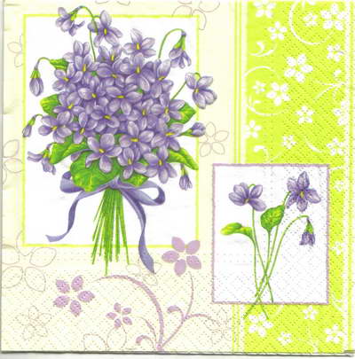 แนวภาพดอกไม้ ช่อดอก Forgetmenot กรอบเขียว เป็นภาพบล็อค 4 กระดาษแนพกิ้นสำหรับทำงาน เดคูพาจ Decoupage Paper Napkins ขนาด 33X33cm